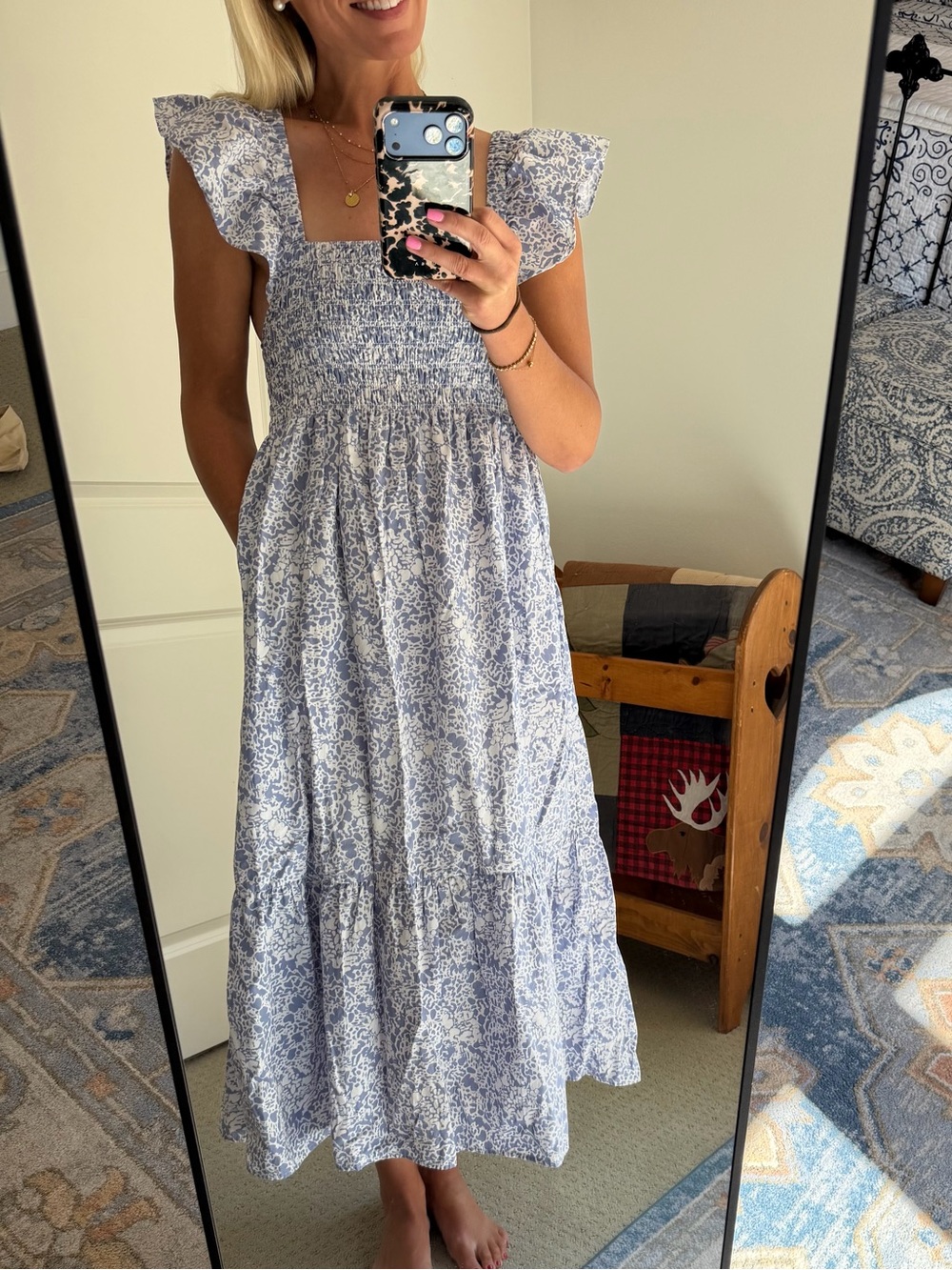 O.P.T. Blue/white Floral Maxi Dress with Flutter Sleeves, Size M - like new!